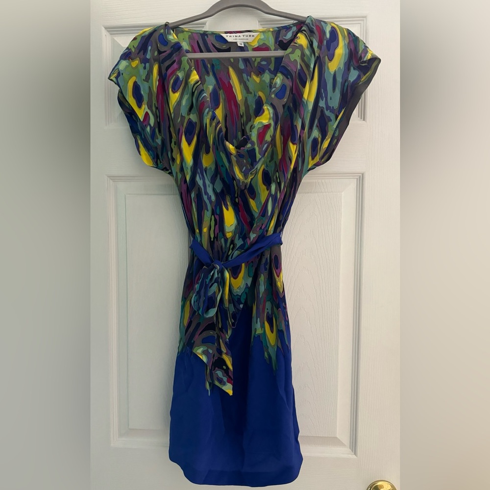Trina Turk multicolor dress with cowl neck and belt